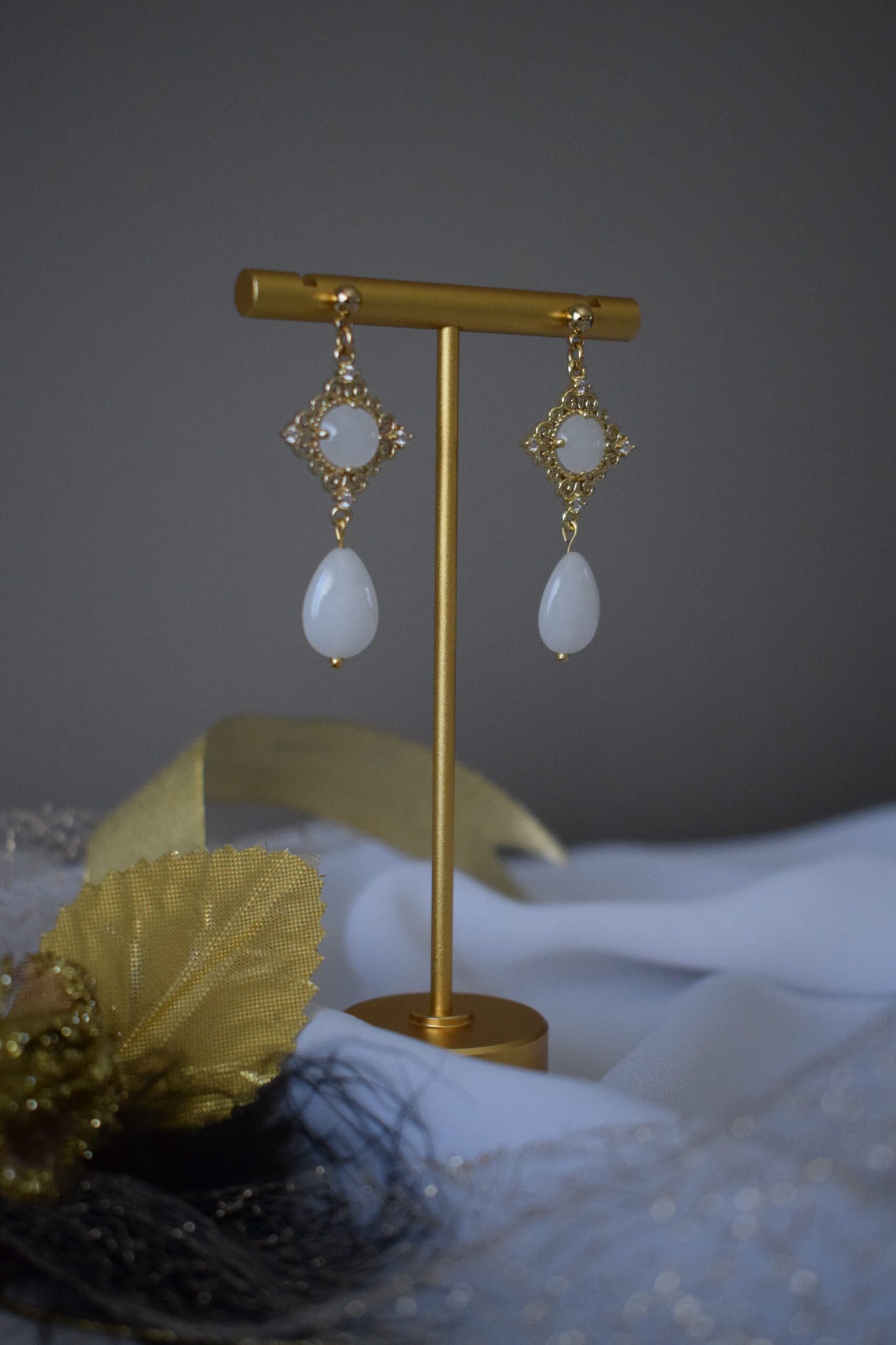 Luxe Oorhangers met Jade edelsteendruppels ~ FO 003 - Afbeelding 2