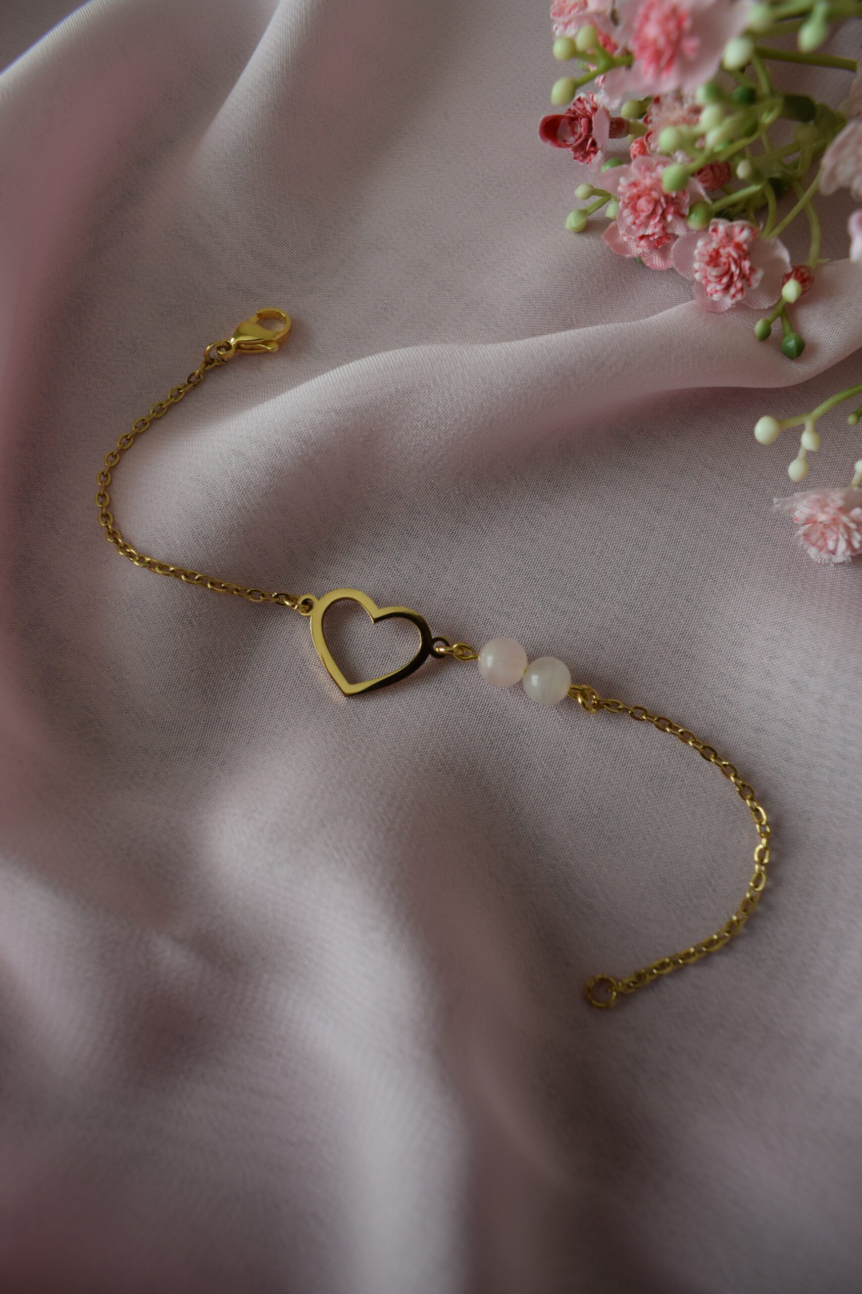 Armband stainless steel met hartje en Rozenkwarts ~ LC 008 - Afbeelding 3