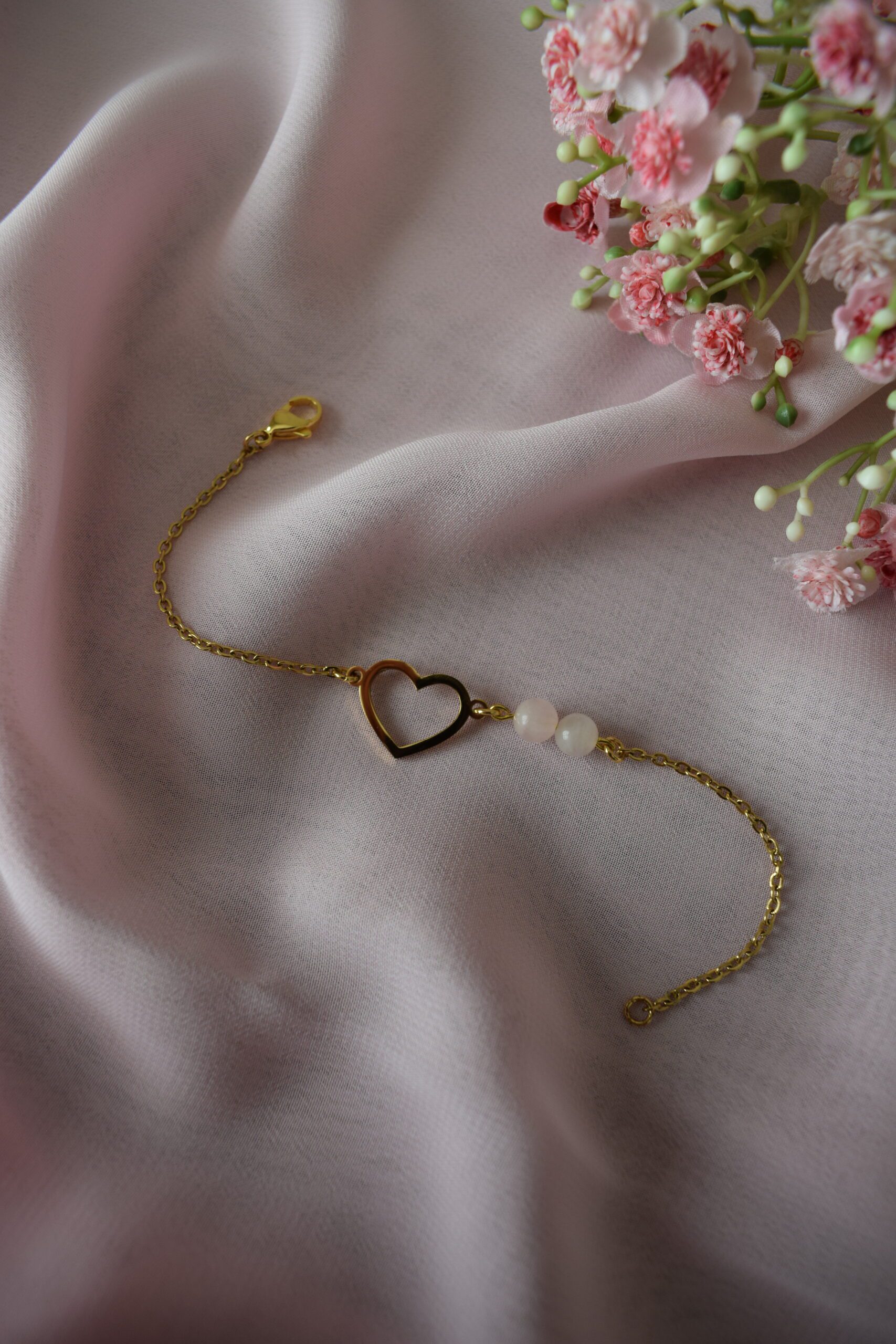 Armband stainless steel met hartje en Rozenkwarts ~ LC 008 - Afbeelding 2
