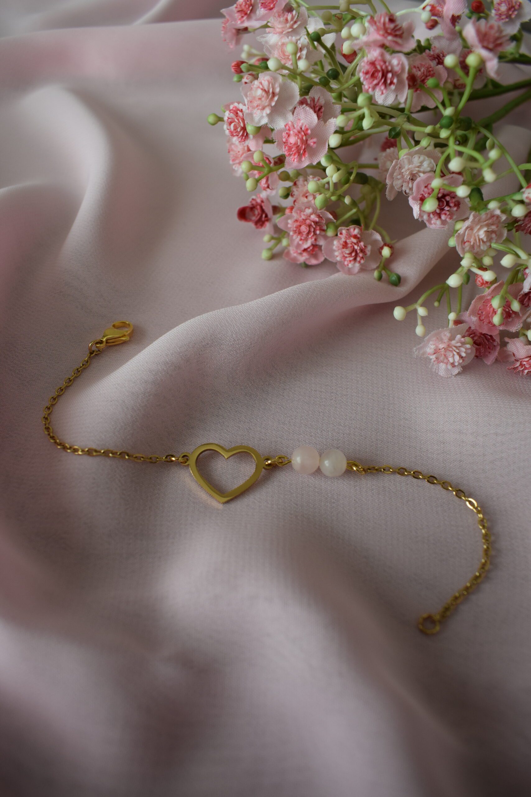 Armband stainless steel met hartje en Rozenkwarts ~ LC 008