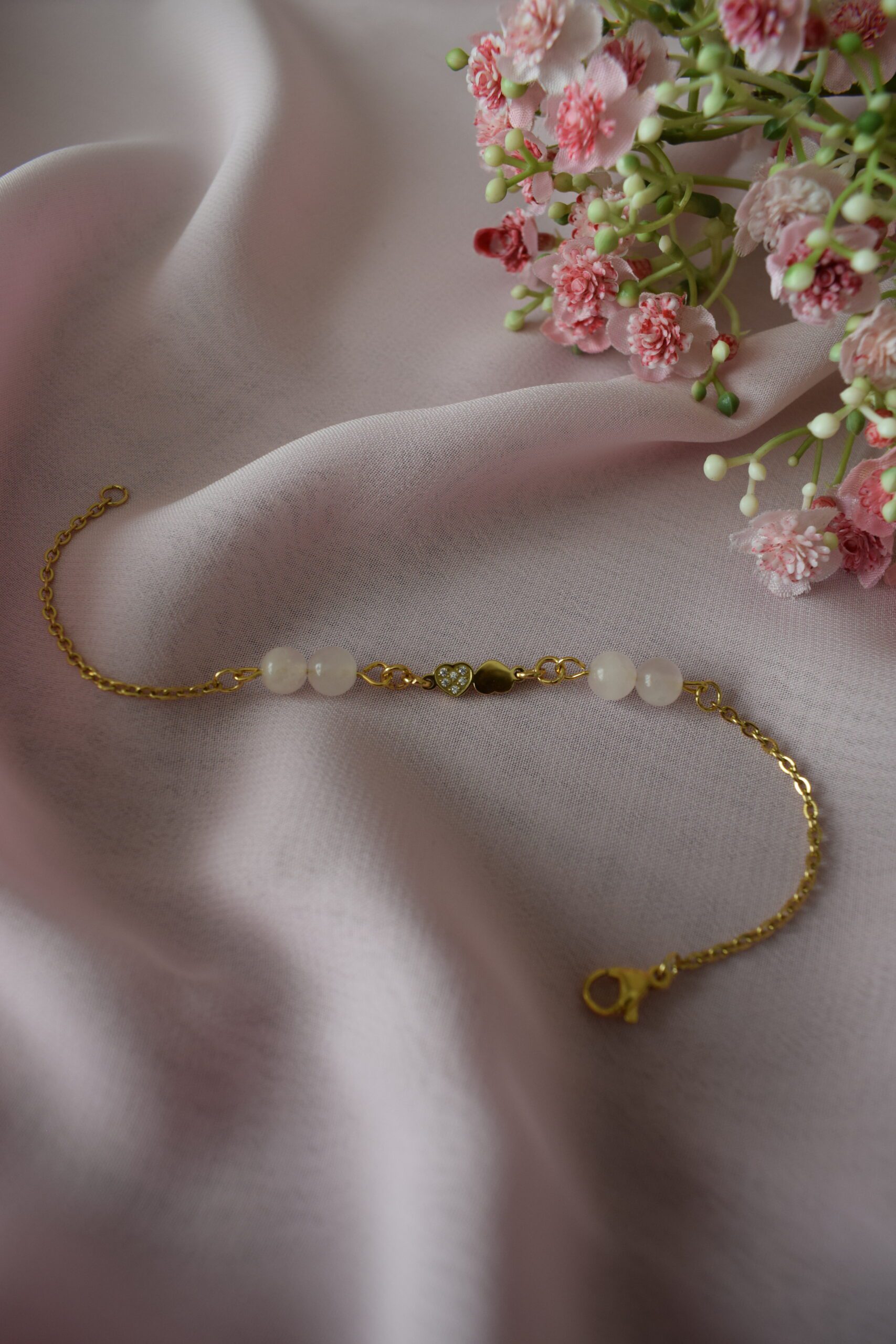 Armband stainless steel met hartjes en Rozenkwarts ~ LC 010 - Afbeelding 2