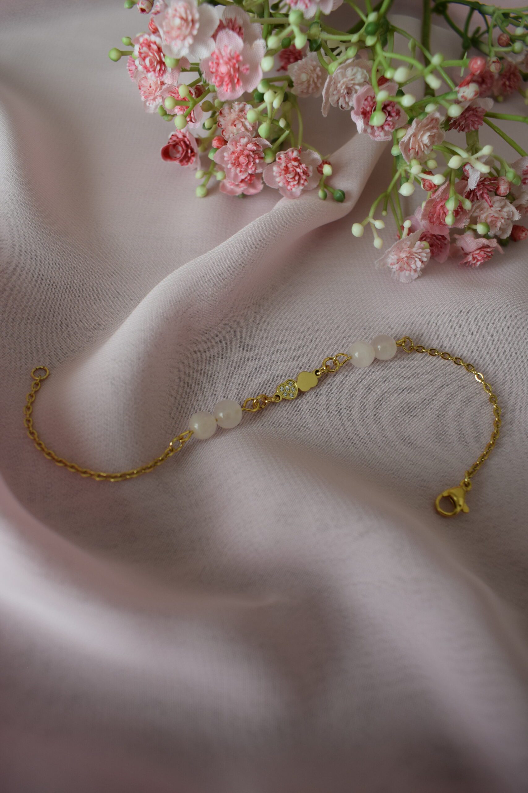 Armband stainless steel met hartjes en Rozenkwarts ~ LC 010 - Afbeelding 3