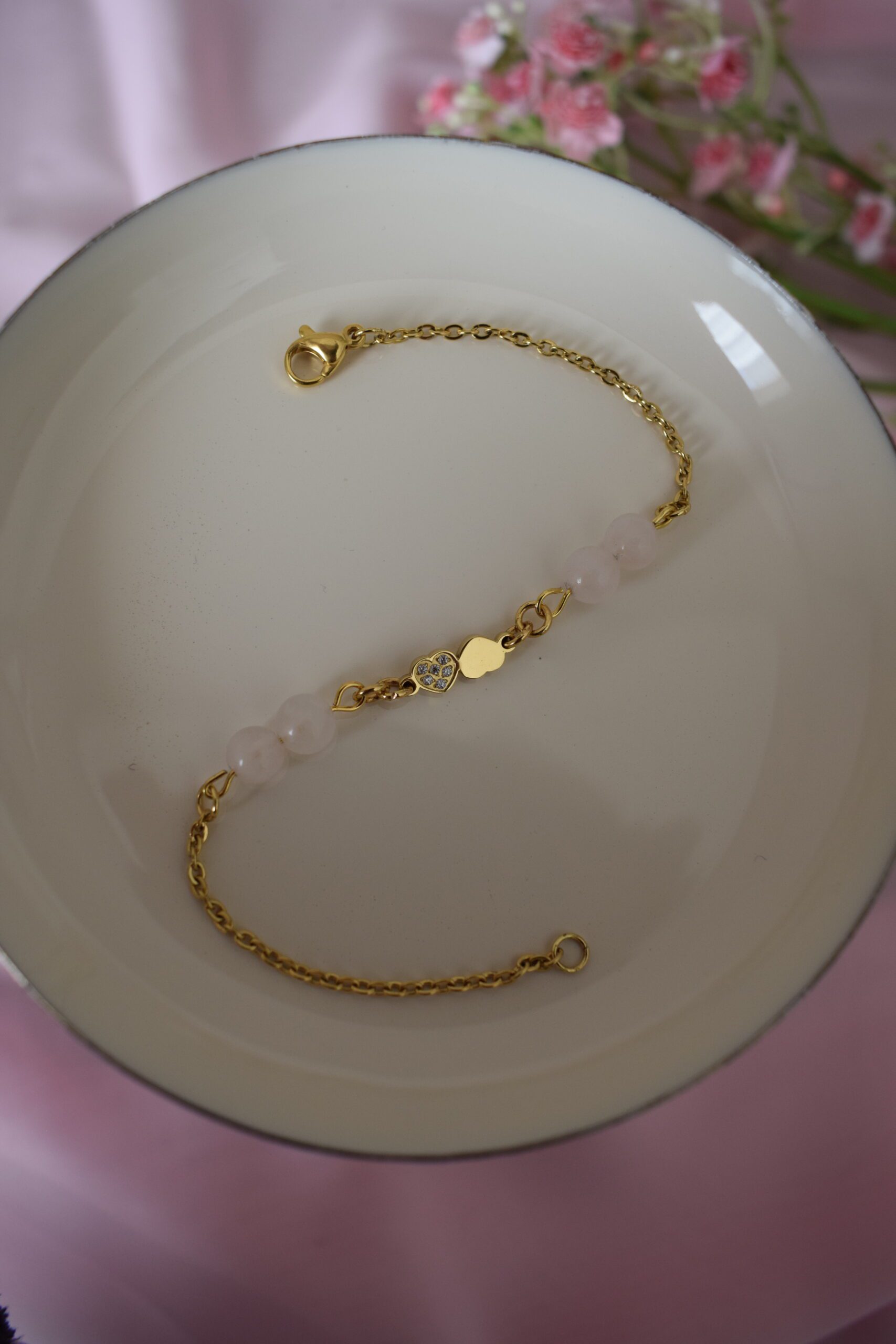Armband stainless steel met hartjes en Rozenkwarts ~ LC 010 - Afbeelding 4
