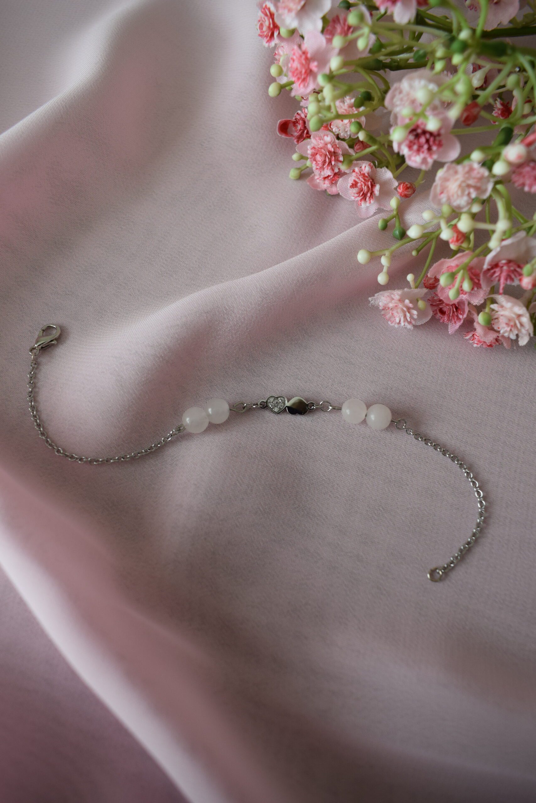 Armband stainless steel met hartjes en Rozenkwarts ~ LC 011 - Afbeelding 2