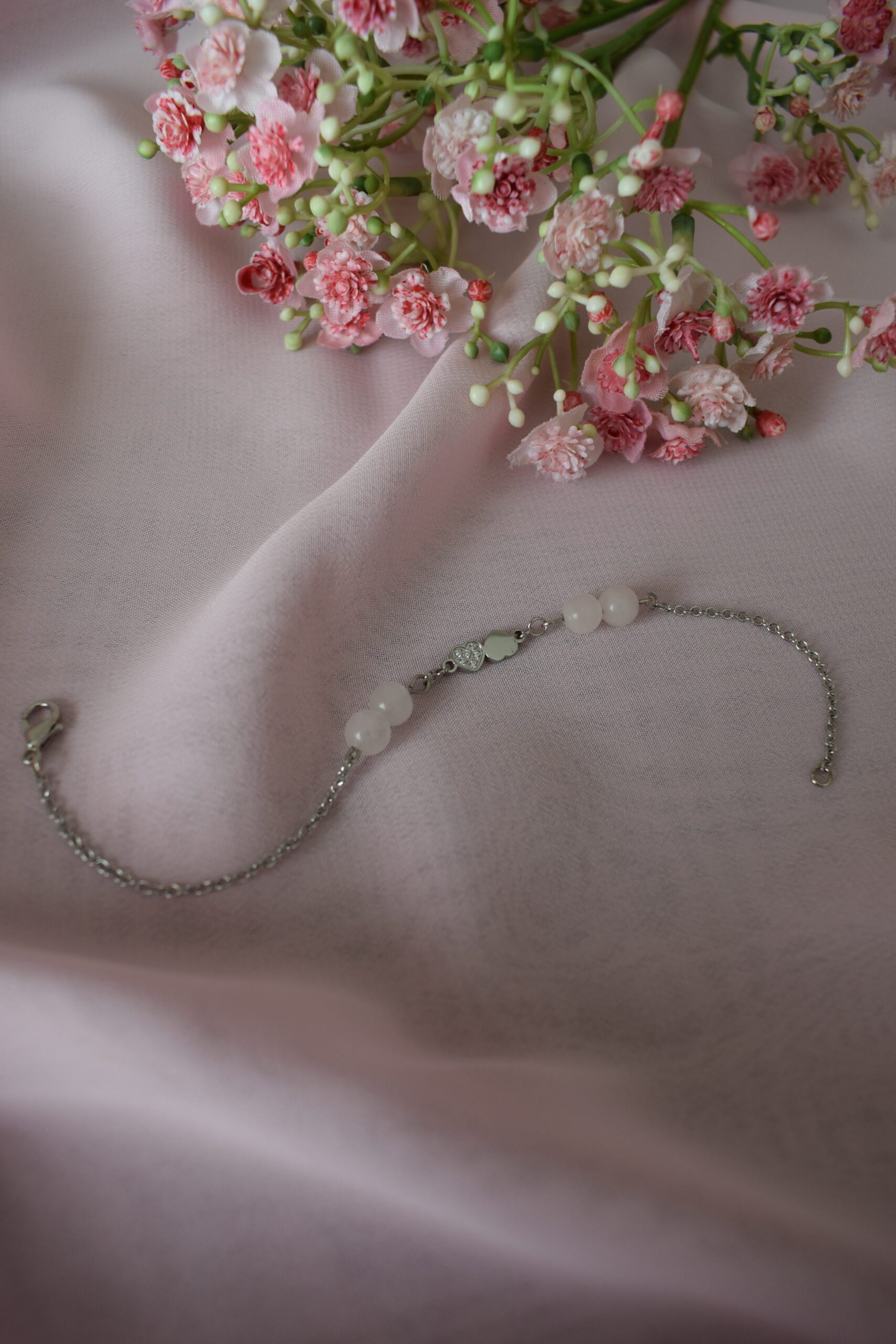 Armband stainless steel met hartjes en Rozenkwarts ~ LC 011 - Afbeelding 3