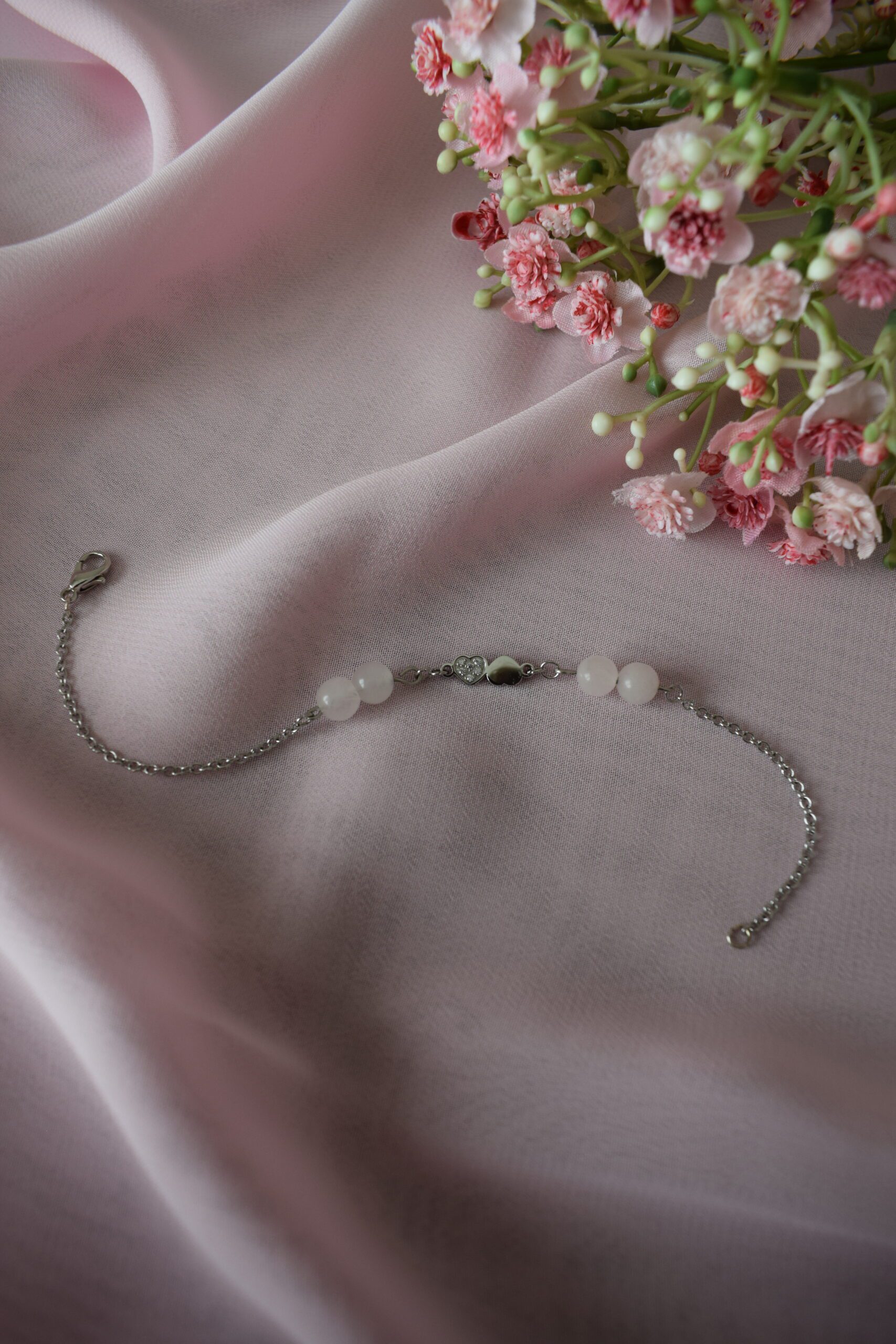 Armband stainless steel met hartjes en Rozenkwarts ~ LC 011 - Afbeelding 4
