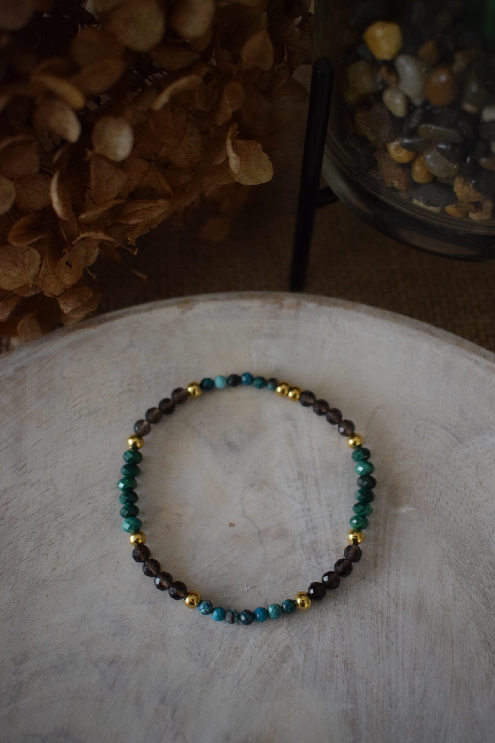 Kralenarmbandje Chrysocolla, Malachiet en Rookkwarts ~ CHR 002