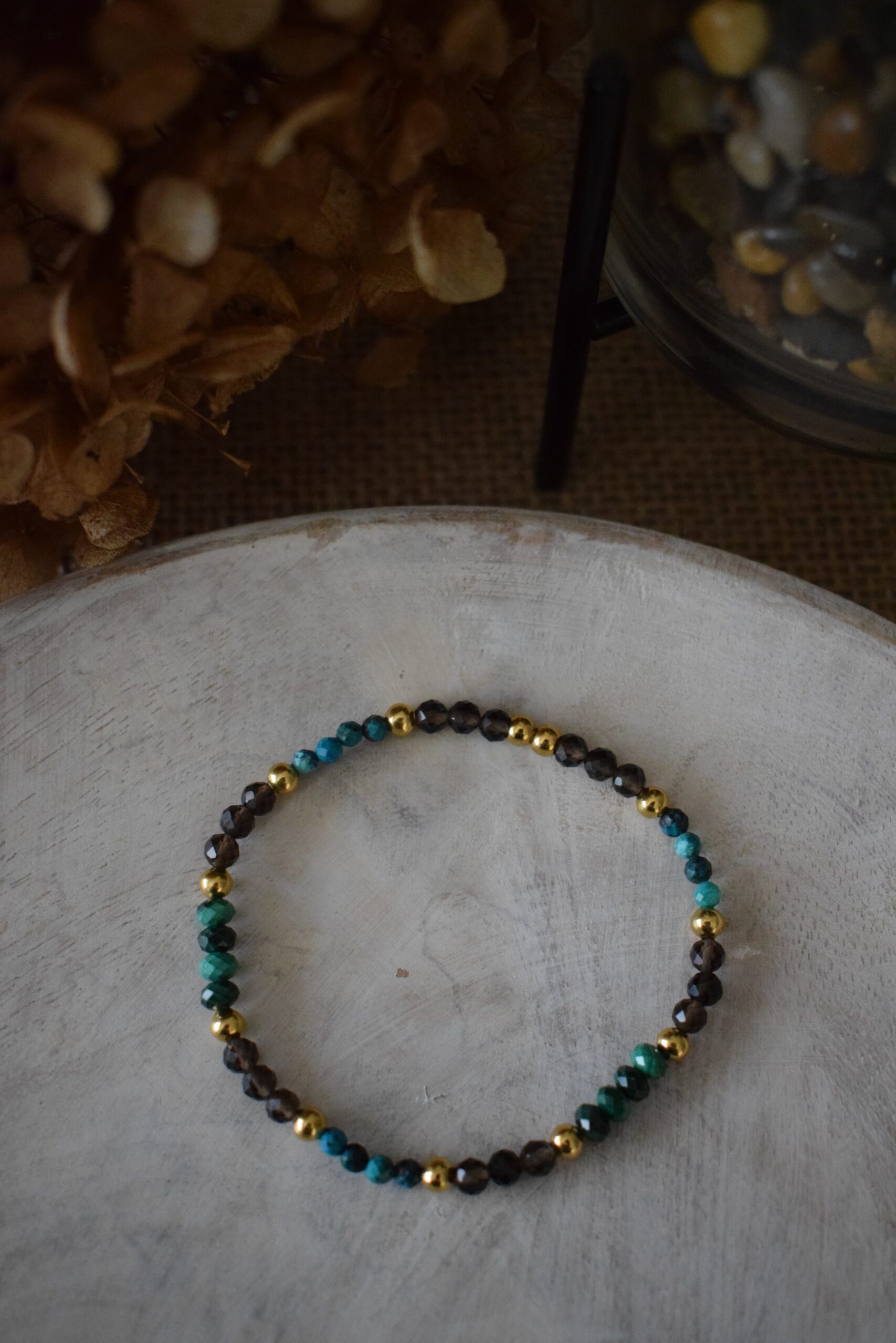 Kralenarmbandje Chrysocolla, Malachiet en Rookkwarts ~ CHR 003