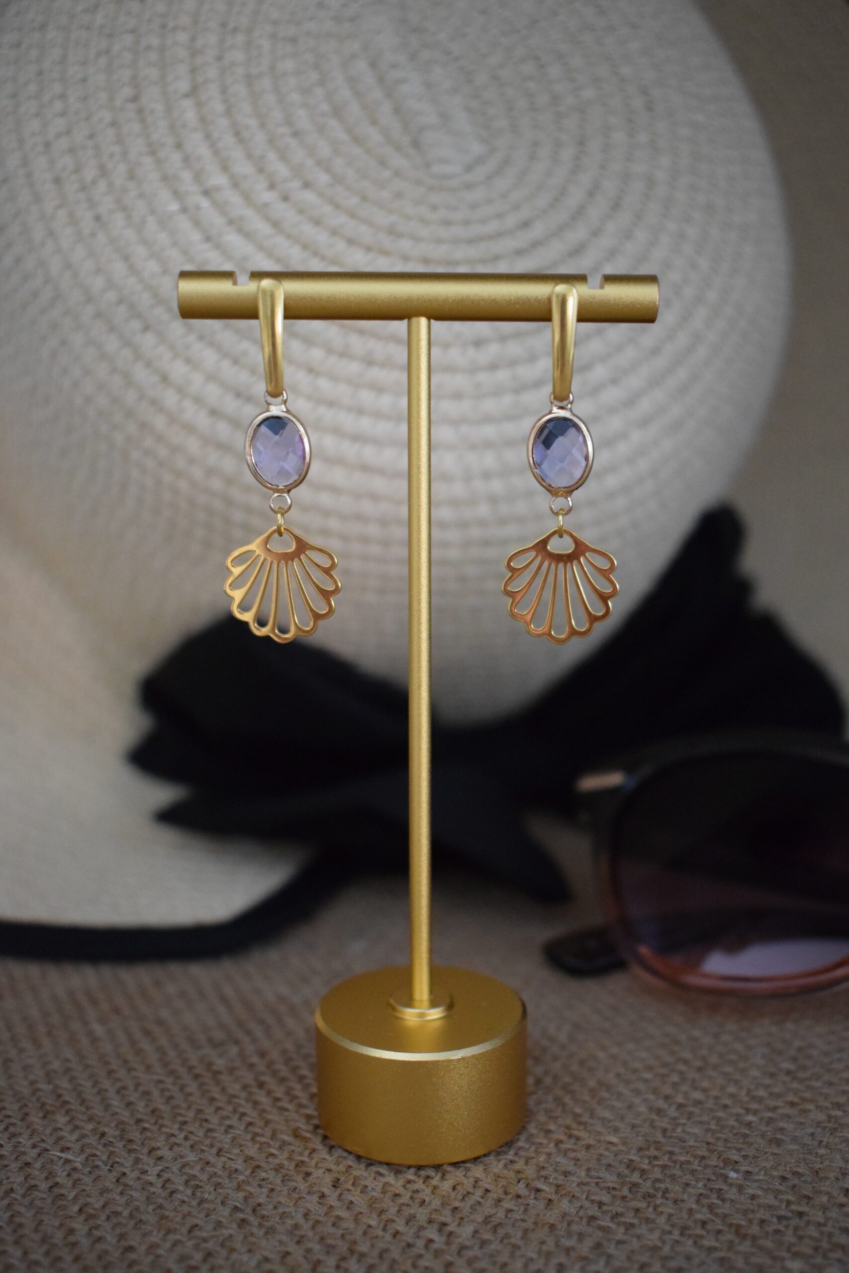 Oorhangers Lavendel Crystal Glass met schelp ~ CG 010