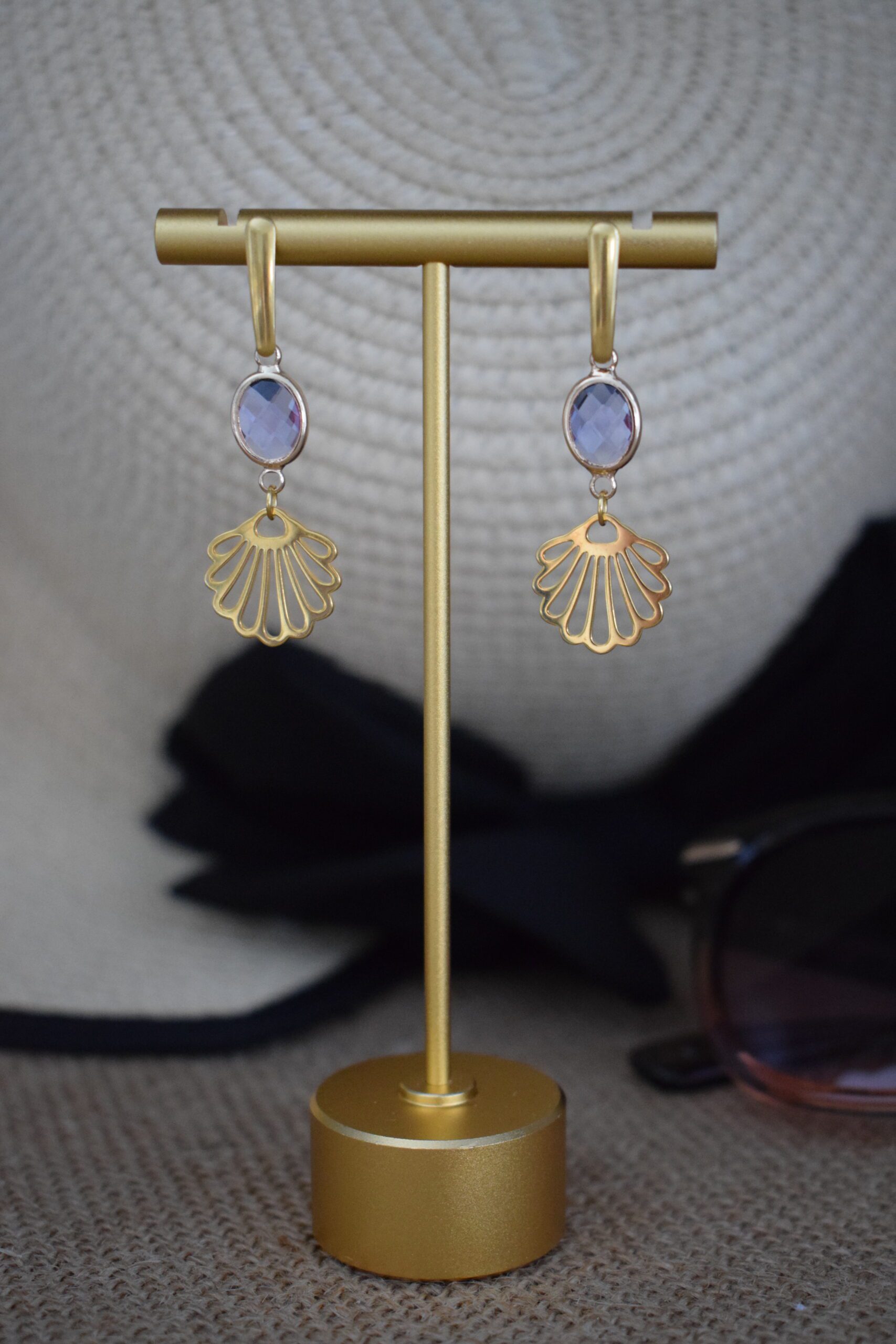 Oorhangers Lavendel Crystal Glass met schelp ~ CG 010 - Afbeelding 2